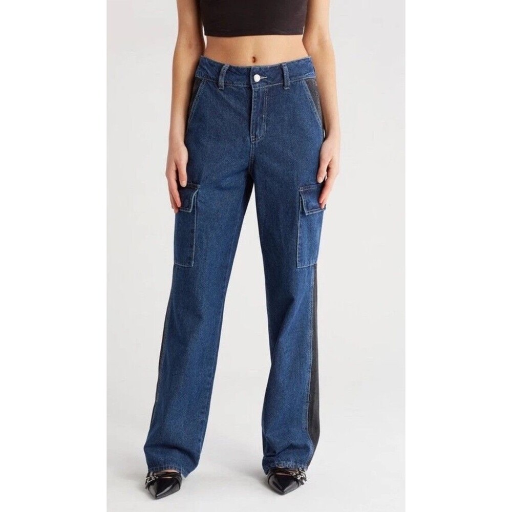 y2k Retro Flying Angel Colorblock Black Blue Cargo Jeans Wide‎ Leg 11/31 NWT